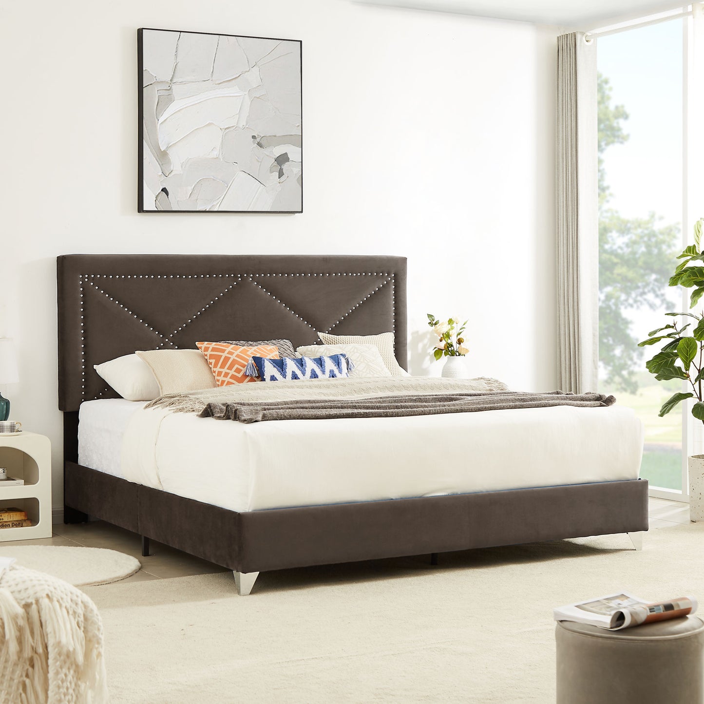 beautiful brass studs adorn the headboard, strong wooden slats + metal legs with electroplate