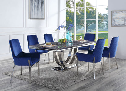 ACME Cambrie Dining Table in Faux Marble & Mirrored Silver Finish