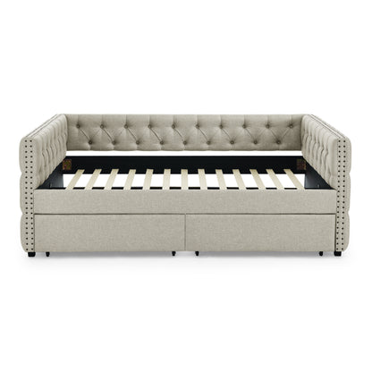 Upholstered Full Size Bed with Two Drawers, Beige