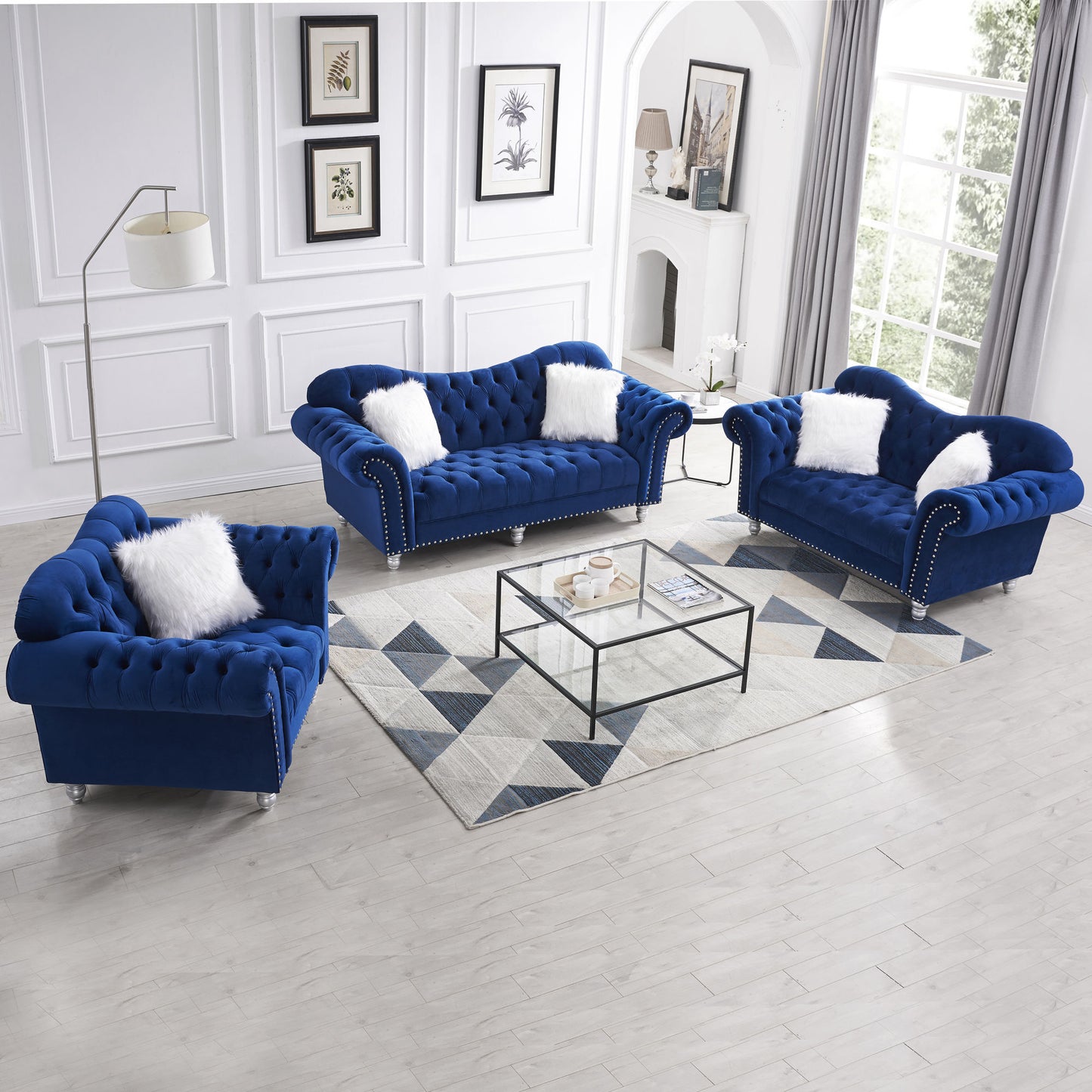 3 piece sofa set with five white villose pillow, blue