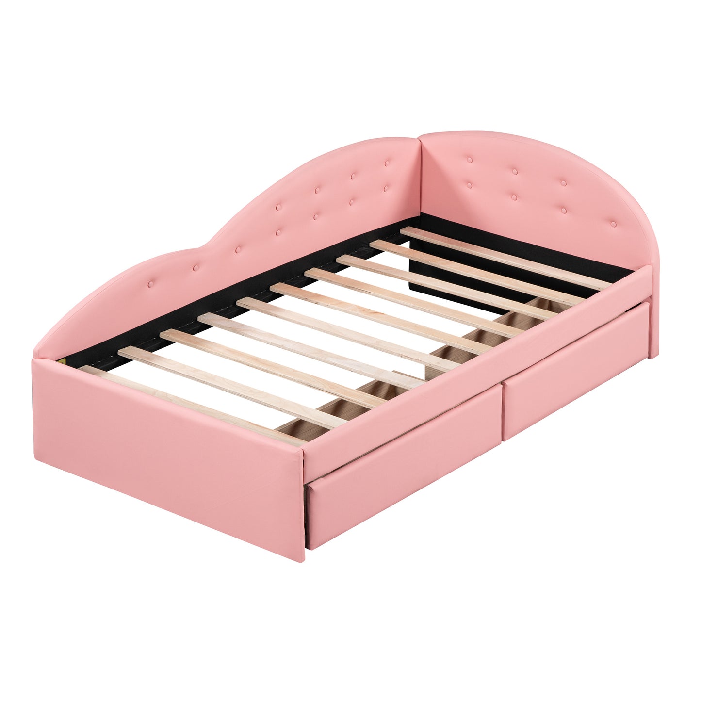 upholstered tufted bed with two drawers and cloud shaped guardrail, pink