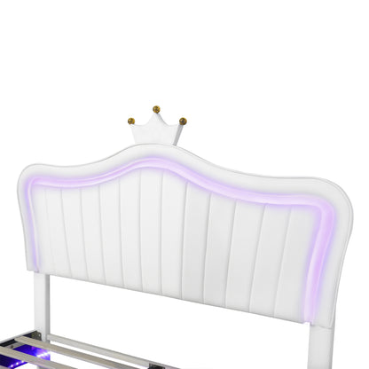 Modern Upholstered Princess Bed With Crown Headboard and LED Lights, White