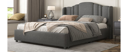 Upholstered Platform Bed with Wingback Headboard and 4 Drawers, Gray