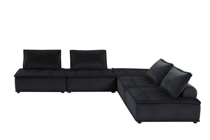 Anna  Black Velvet 5 Pc Sectional Sofa with Ottoman