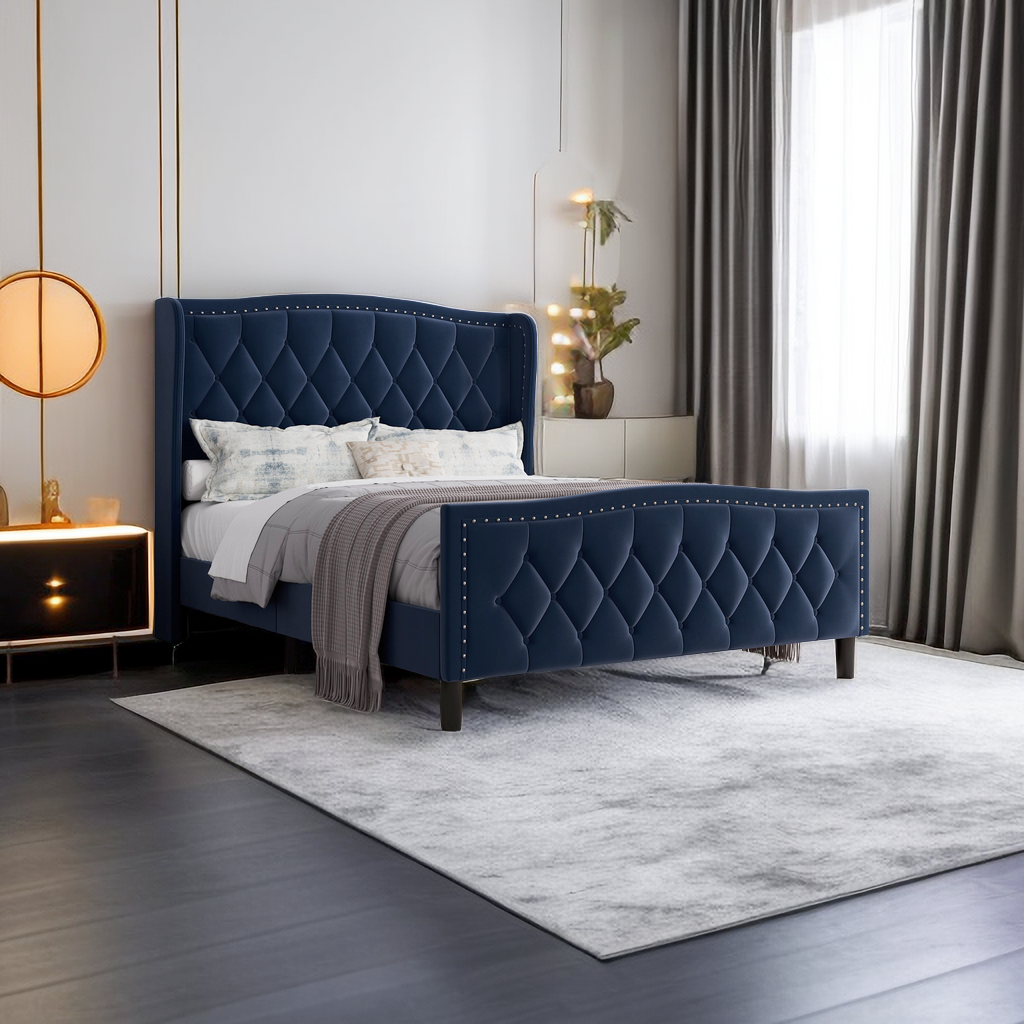velvet upholstered platform bed with wingback headboard, blue