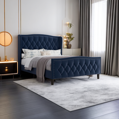 Velvet Upholstered Platform Bed with Wingback Headboard, Blue