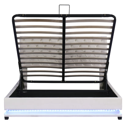 Upholstered Platform Bed with Adjustable Tufted Headboard and LED Light, Beige
