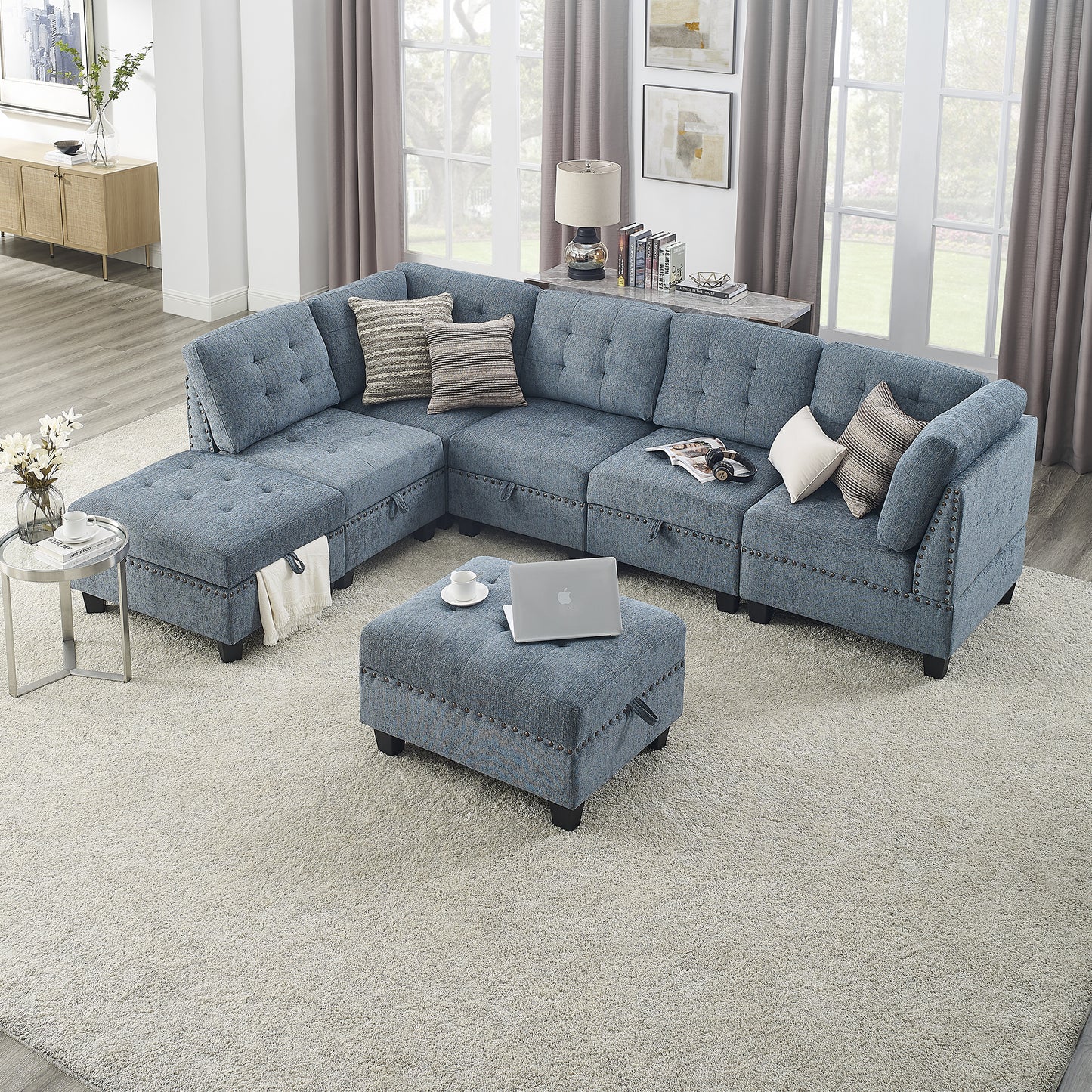 l shape modular sectional sofa includes 2 ottomans, navy blue