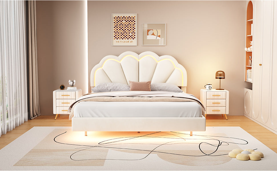 floating velvet elegant smart led platform bed