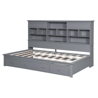 Wood Bed with Multi-Storage Shelves, Charging Station and 3 Drawers, Gray
