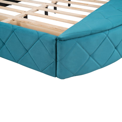 Upholstered Velvet Platform Bed with Wingback Headboard and 1 Big Drawer; 2 Side Storage Stool