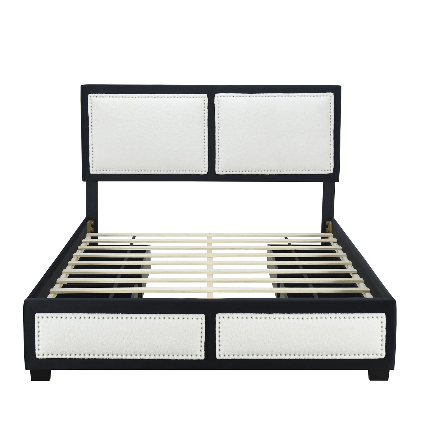 teddy upholstered platform bed with large rivet-decorated backrests and 4 drawers, velvet black+white