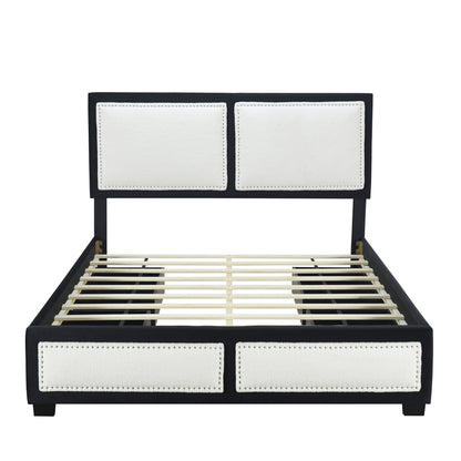 Teddy Upholstered Platform Bed with Large Rivet-decorated Backrests and 4 Drawers, Velvet Black+White
