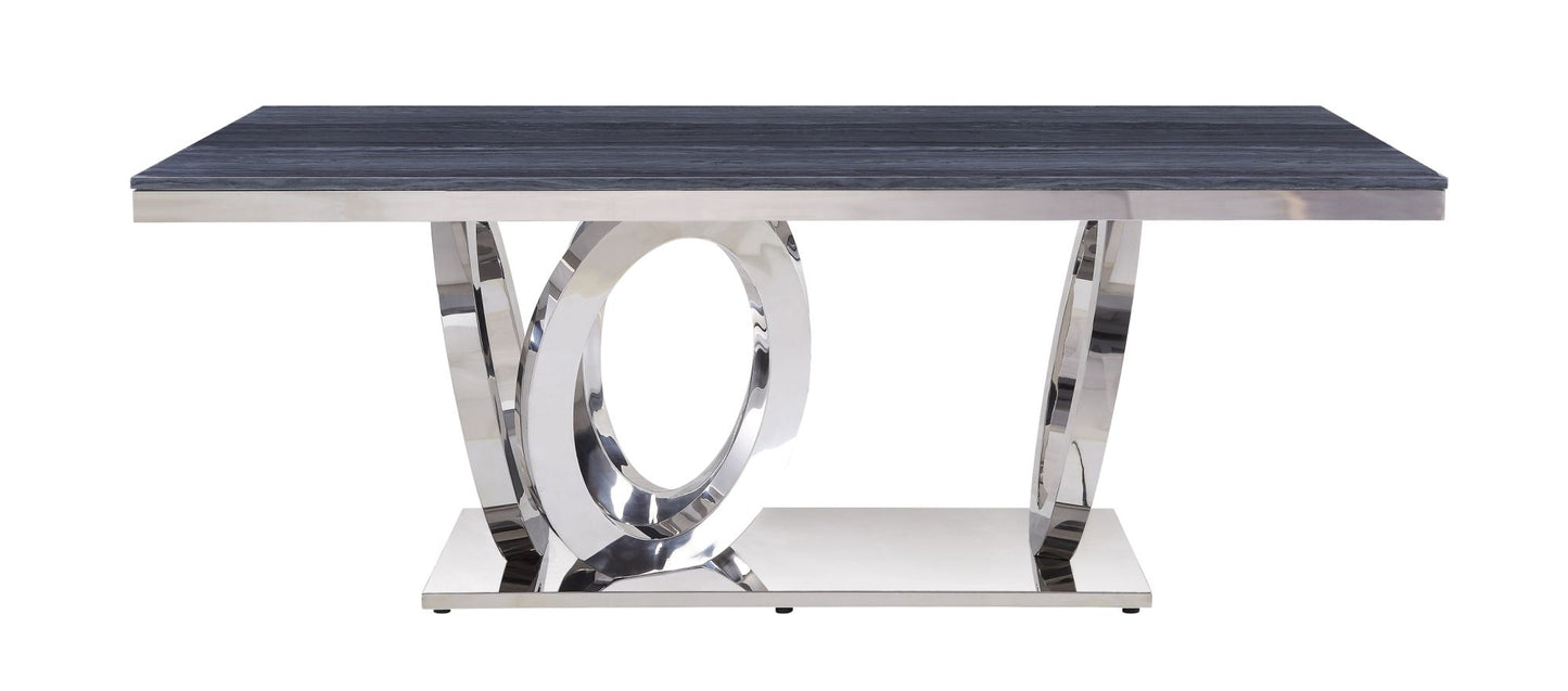 acme nasir dining table, gray printed faux marble & mirrored silver finish