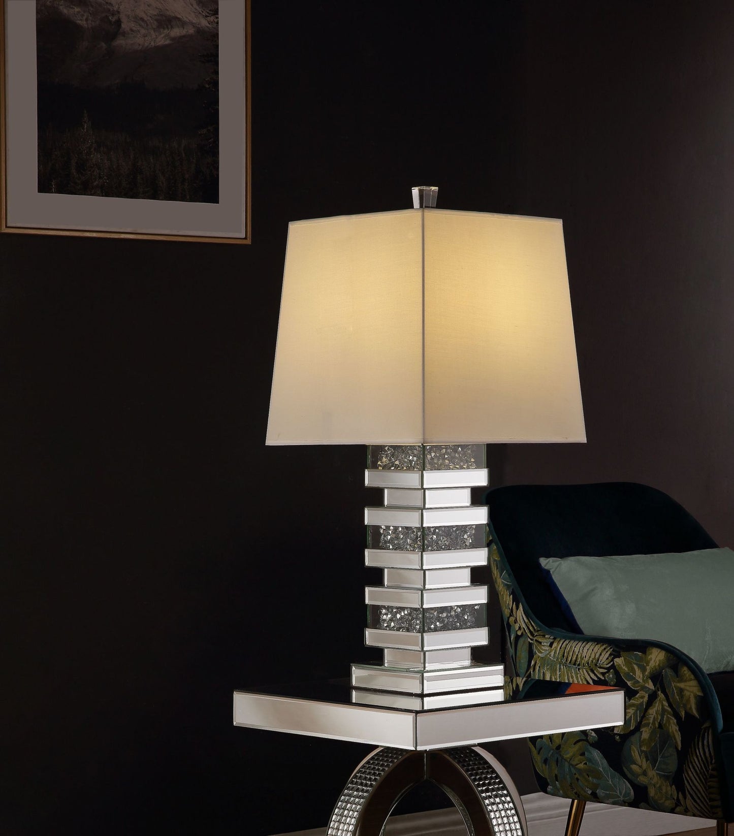 acme noralie table lamp, mirrored & faux diamonds