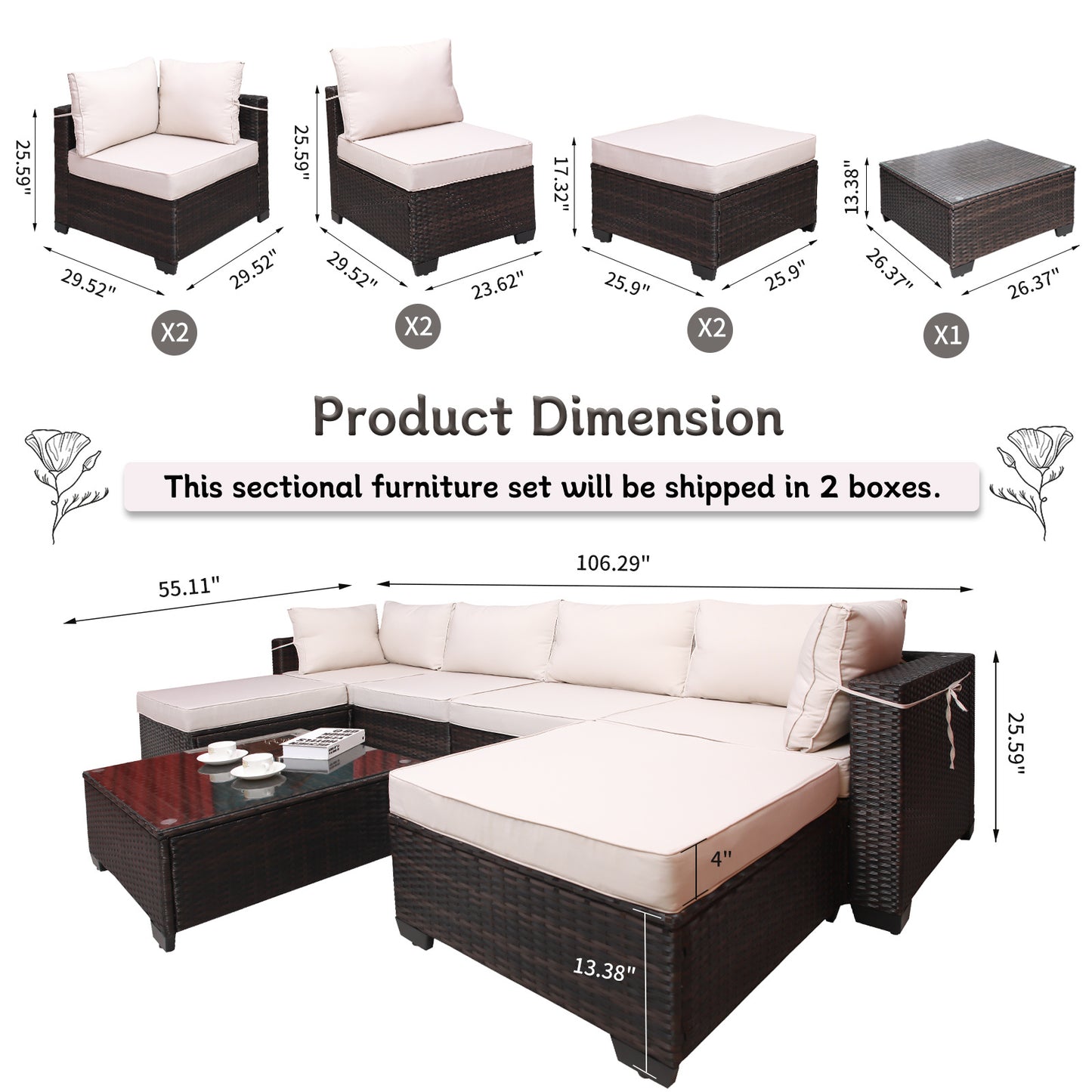 7 pieces outdoor patio sectional sofa couch set with washable cushions & glass coffee table