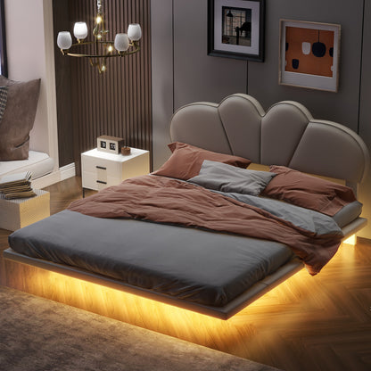 Upholstery LED Floating Bed with PU Leather Headboard