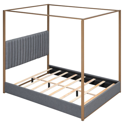 Upholstery Canopy Platform Bed with Headboard and Metal Frame, Gray