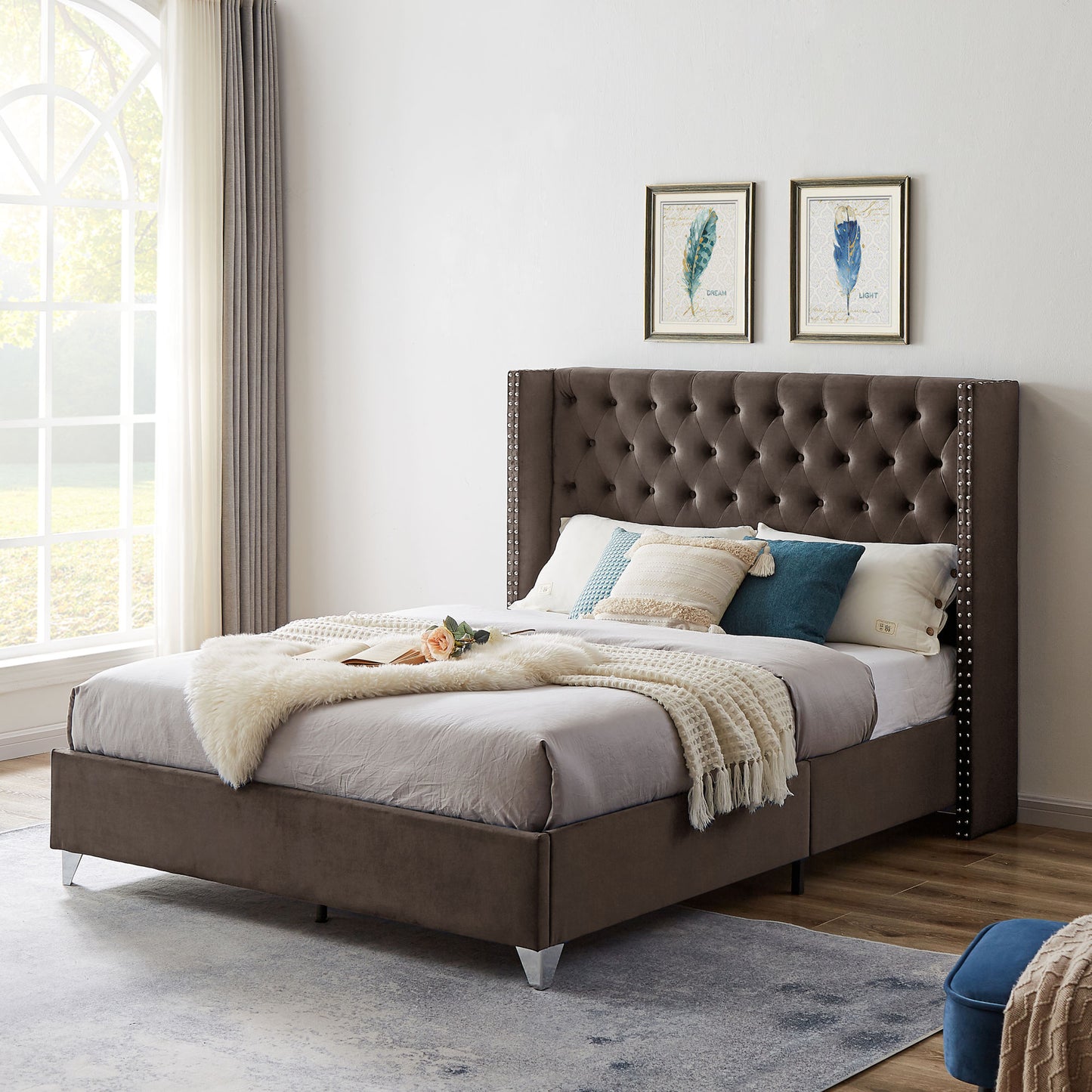 ashley brown upholstered bed  + metal legs with electroplate