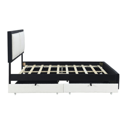 Teddy Upholstered Platform Bed with Large Rivet-decorated Backrests and 4 Drawers, Velvet Black+White