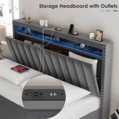 Luxury Gas Lift Storage Bed with RF LED Lights ,Velvet Grey