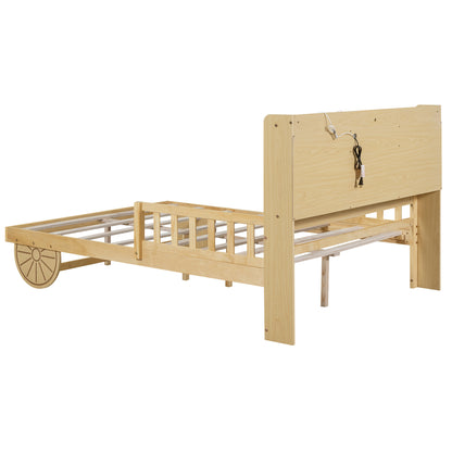 Car Bed with Bear-Shaped Headboard, USB and LED, Natural