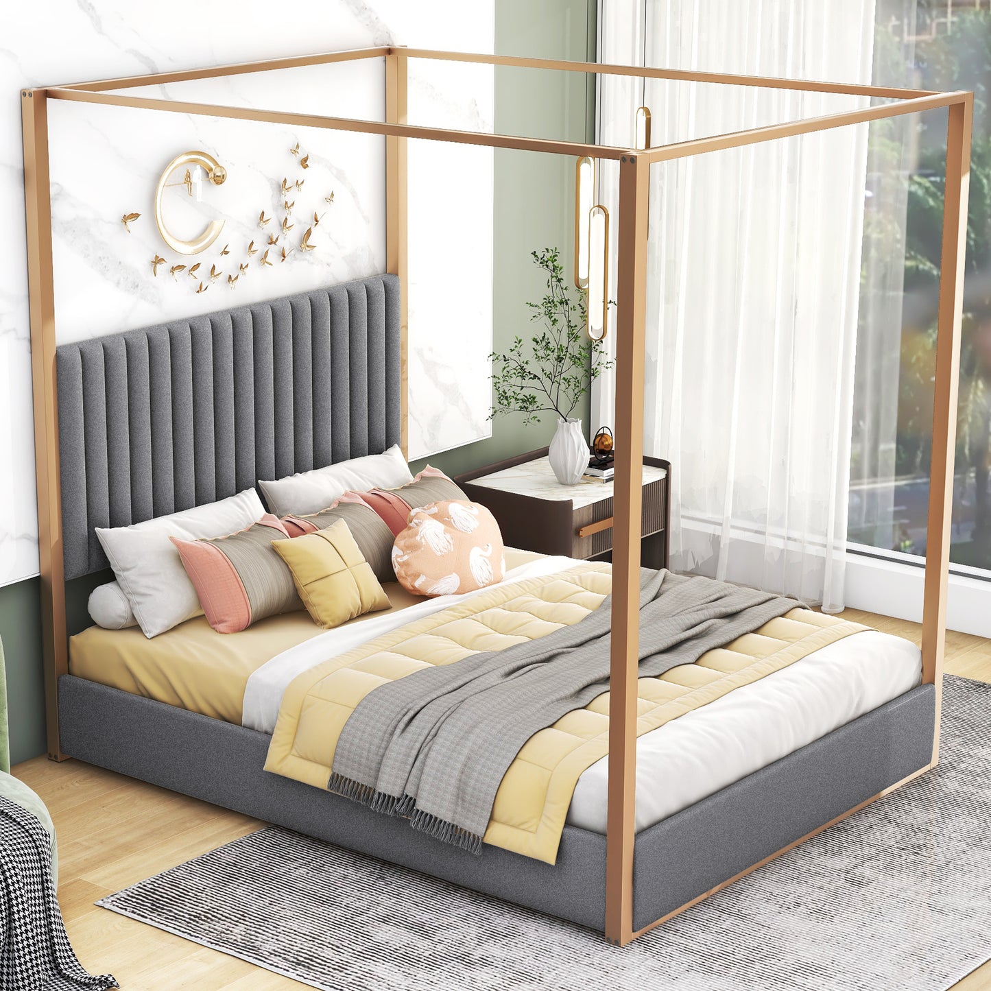 upholstery canopy platform bed with headboard and metal frame, gray