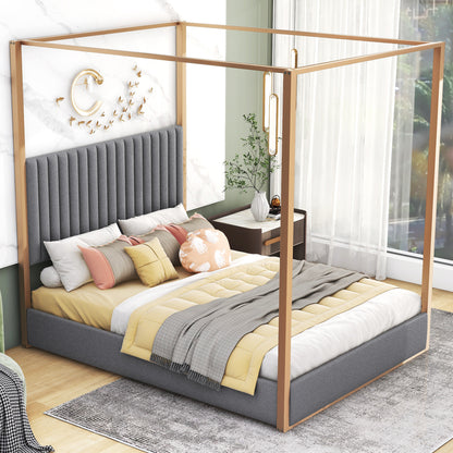 Upholstery Canopy Platform Bed with Headboard and Metal Frame, Gray