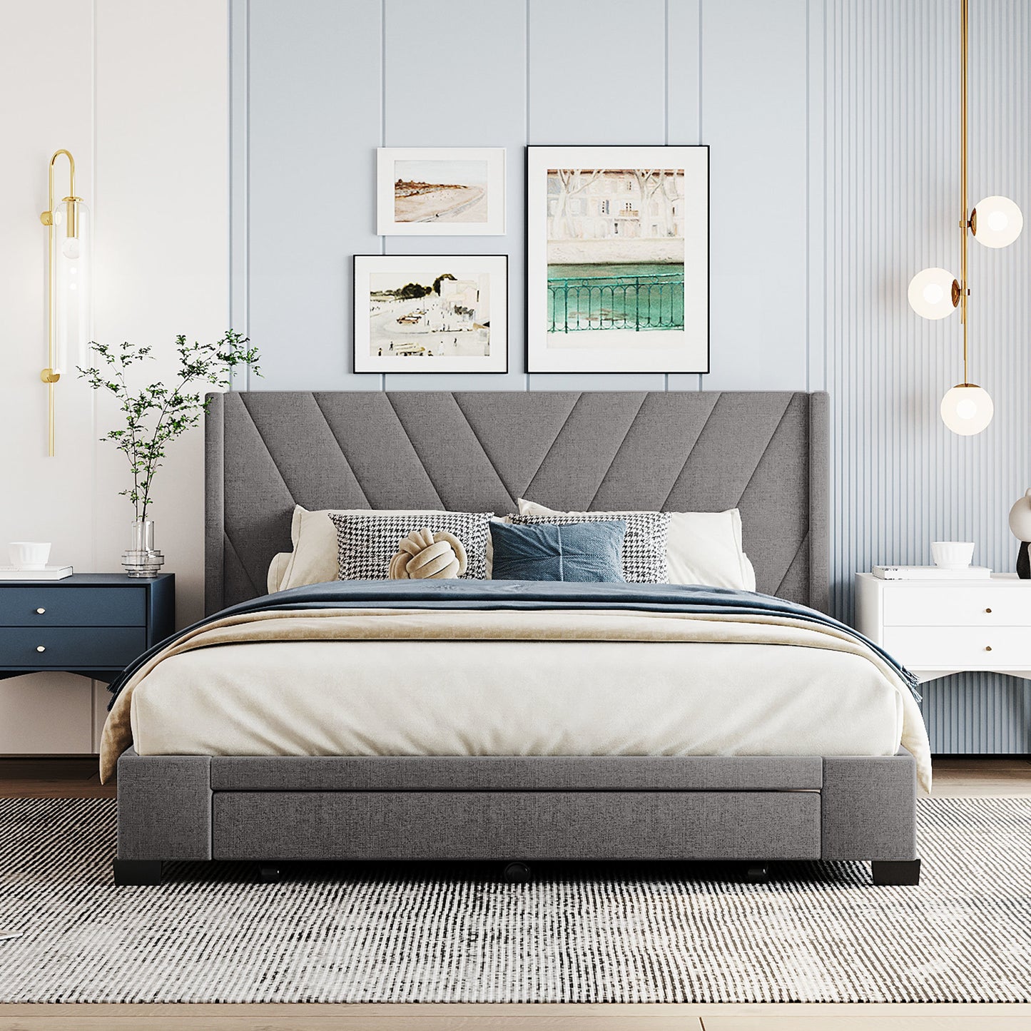 amber storage bed linen upholstered platform bed with 3 drawers (gray)