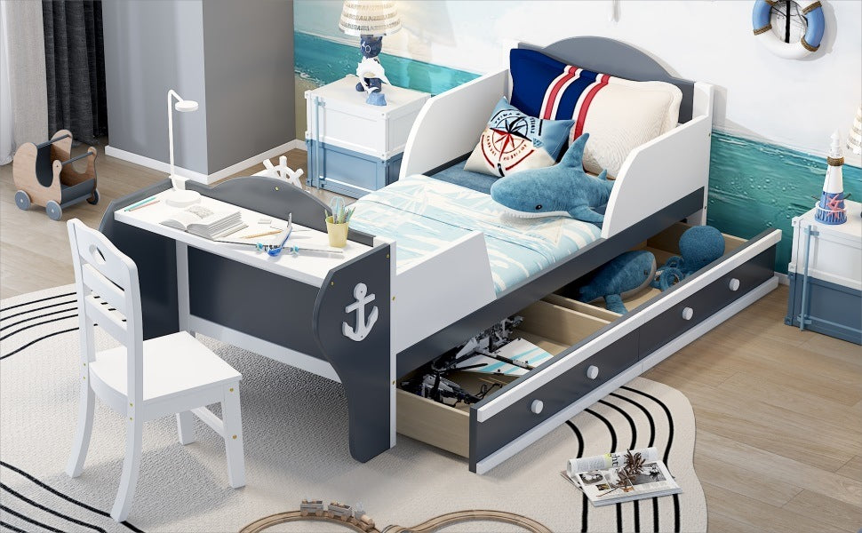 boat-shaped platform bed with two drawers, desk and chair, white+gray