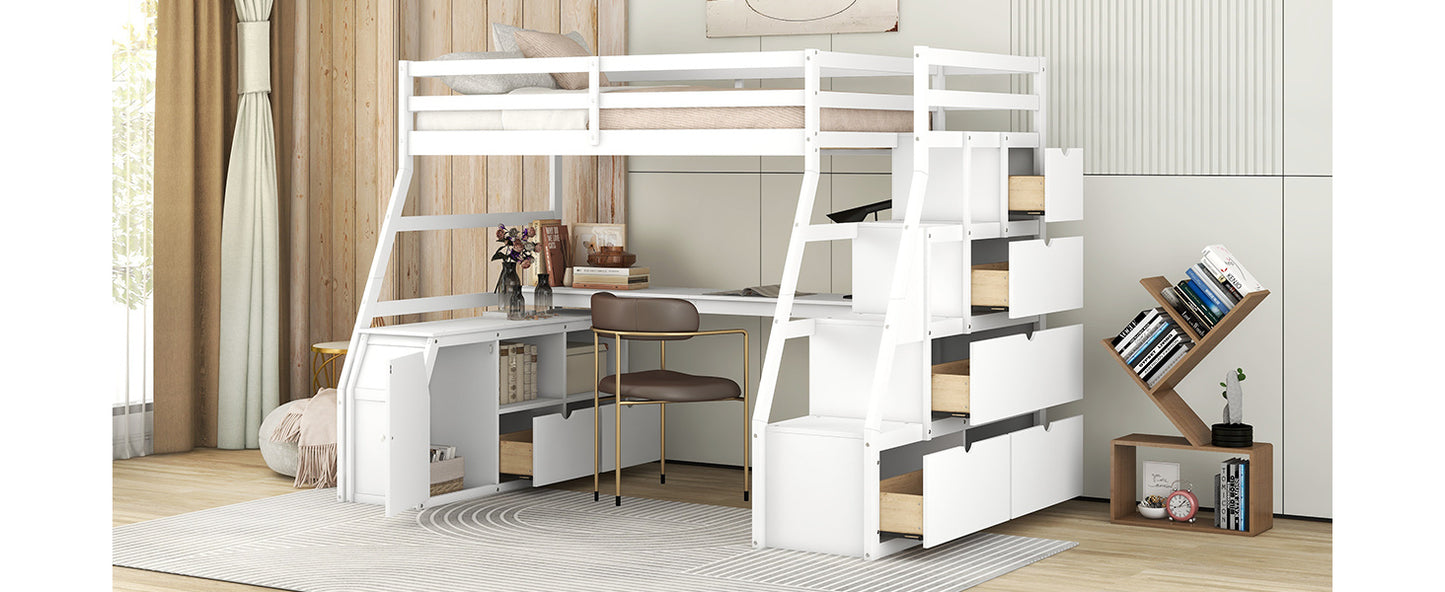 twin size loft bed with 7 drawers 2 shelves and desk - white