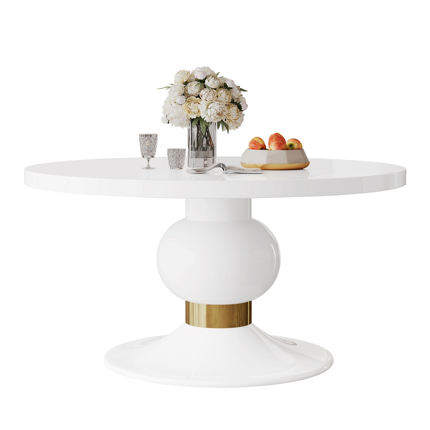 59" round white mdf dining table, base with gold finish stainless steel circle