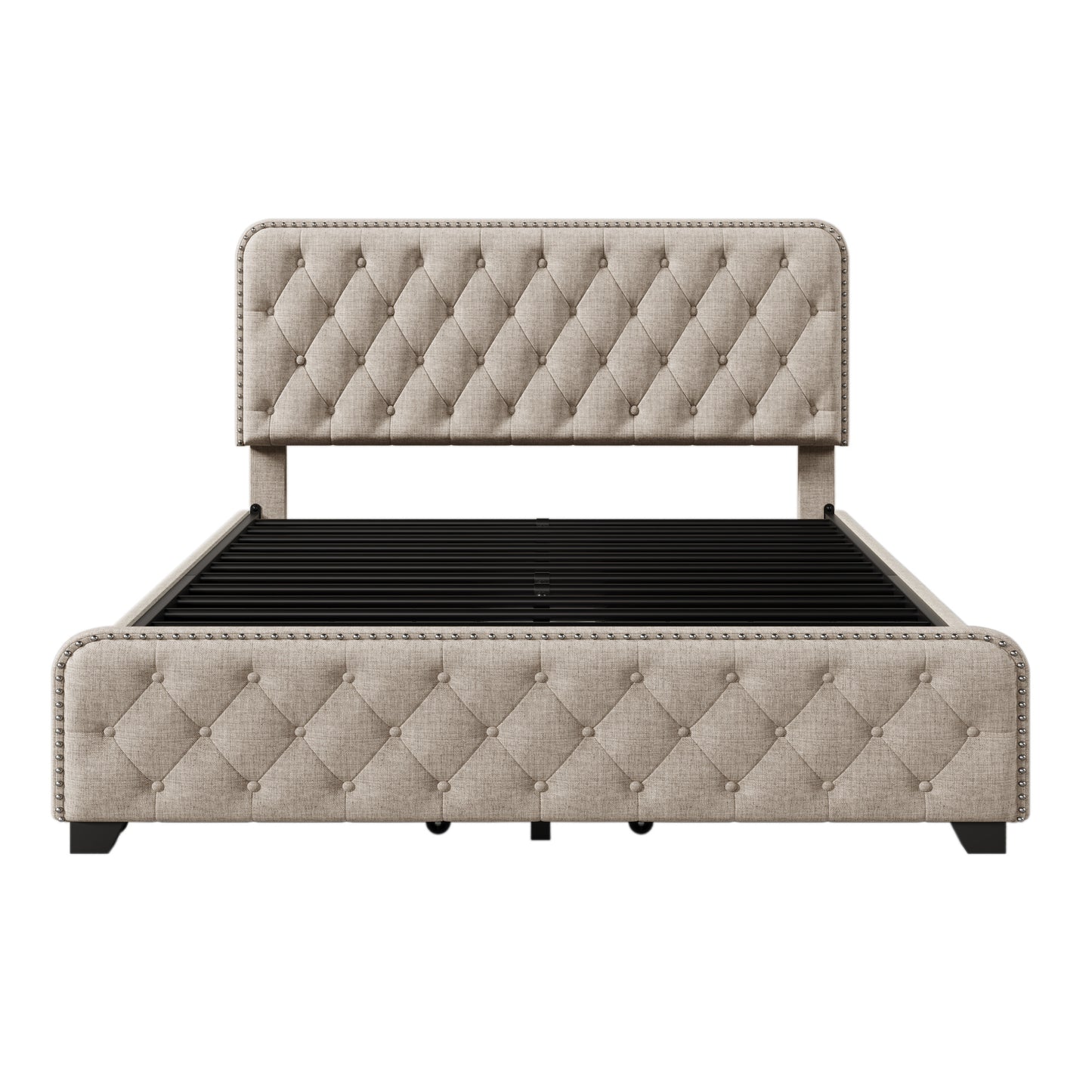 upholstered platform bed frame with four drawers, beige