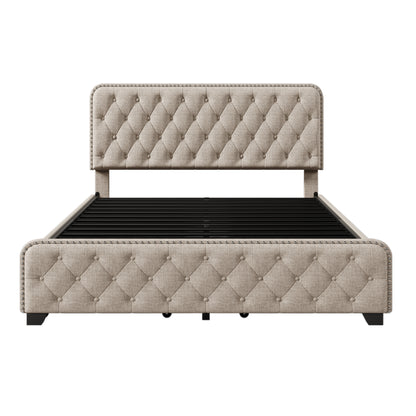 Upholstered Platform Bed Frame with Four Drawers, Beige