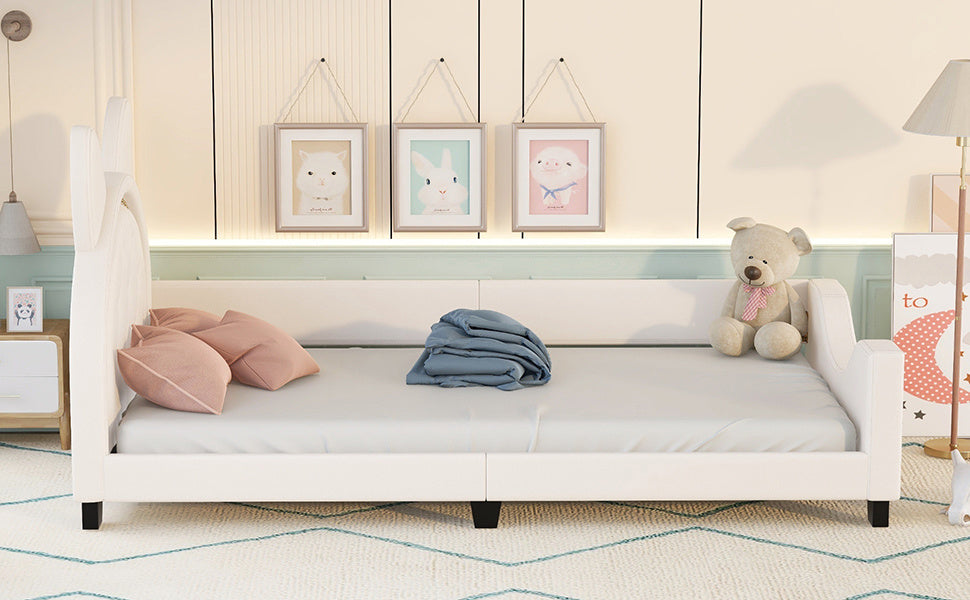 upholstered bed with carton ears shaped headboard, white
