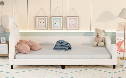 Upholstered Bed with Carton Ears Shaped Headboard, White