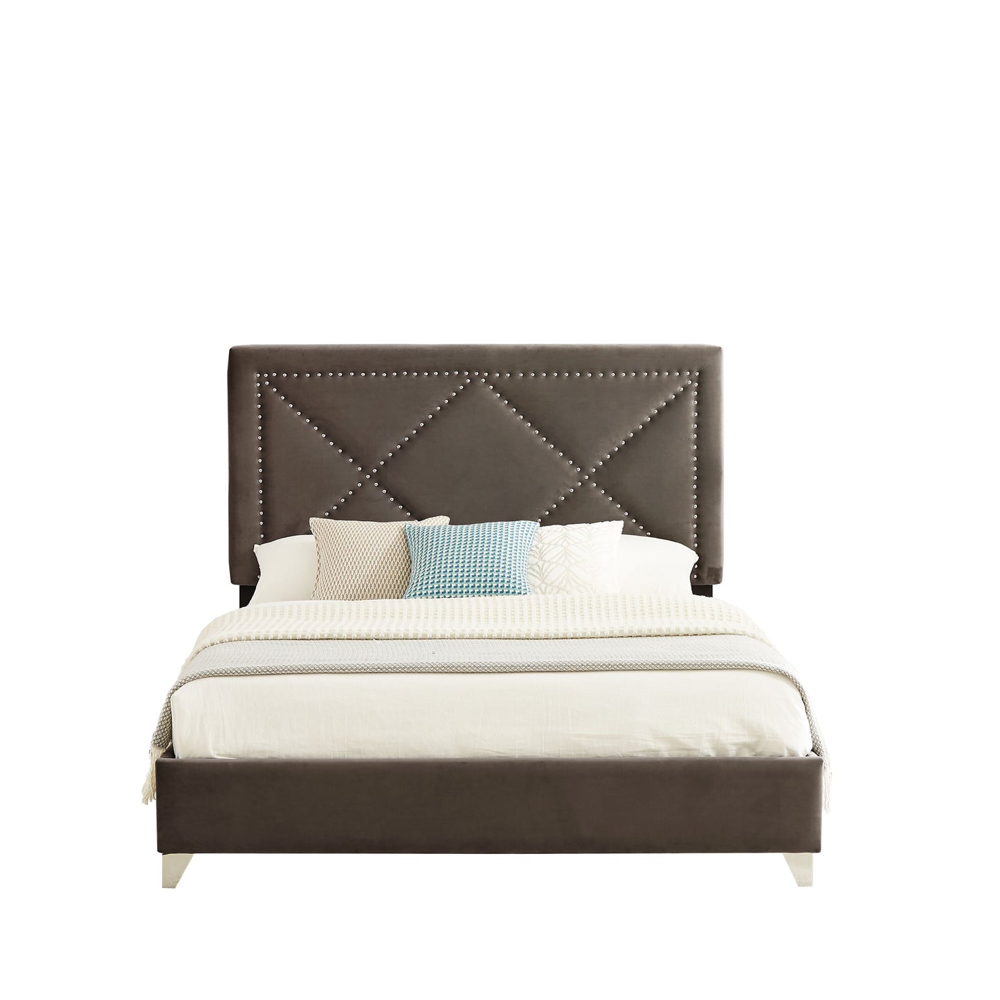 beautiful brass studs adorn the headboard, strong wooden slats + metal legs with electroplate