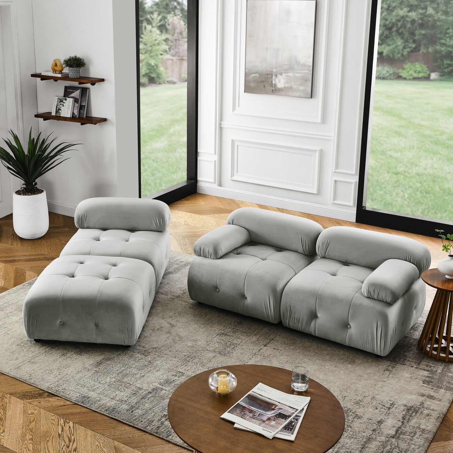 modular sectional sofa, button tufted designed and diy combination,l shaped couch with reversible ottoman, grey velvet