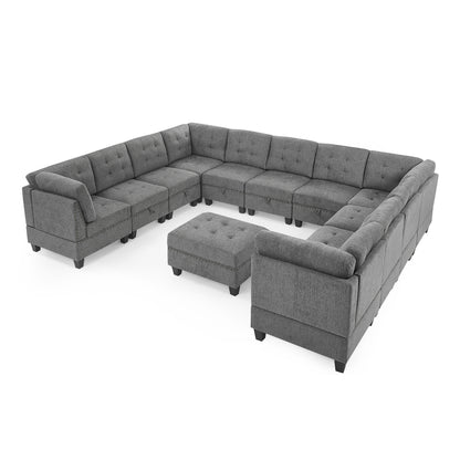 U shape Modular Sectional Sofa includes Seven Single Chair, Four Corner and One Ottoman, Grey