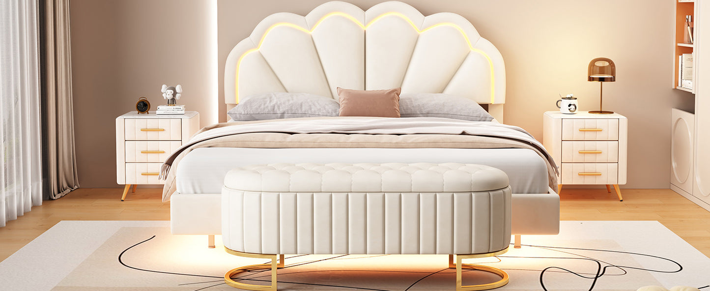 upholstered led platform bed with storage ottoman