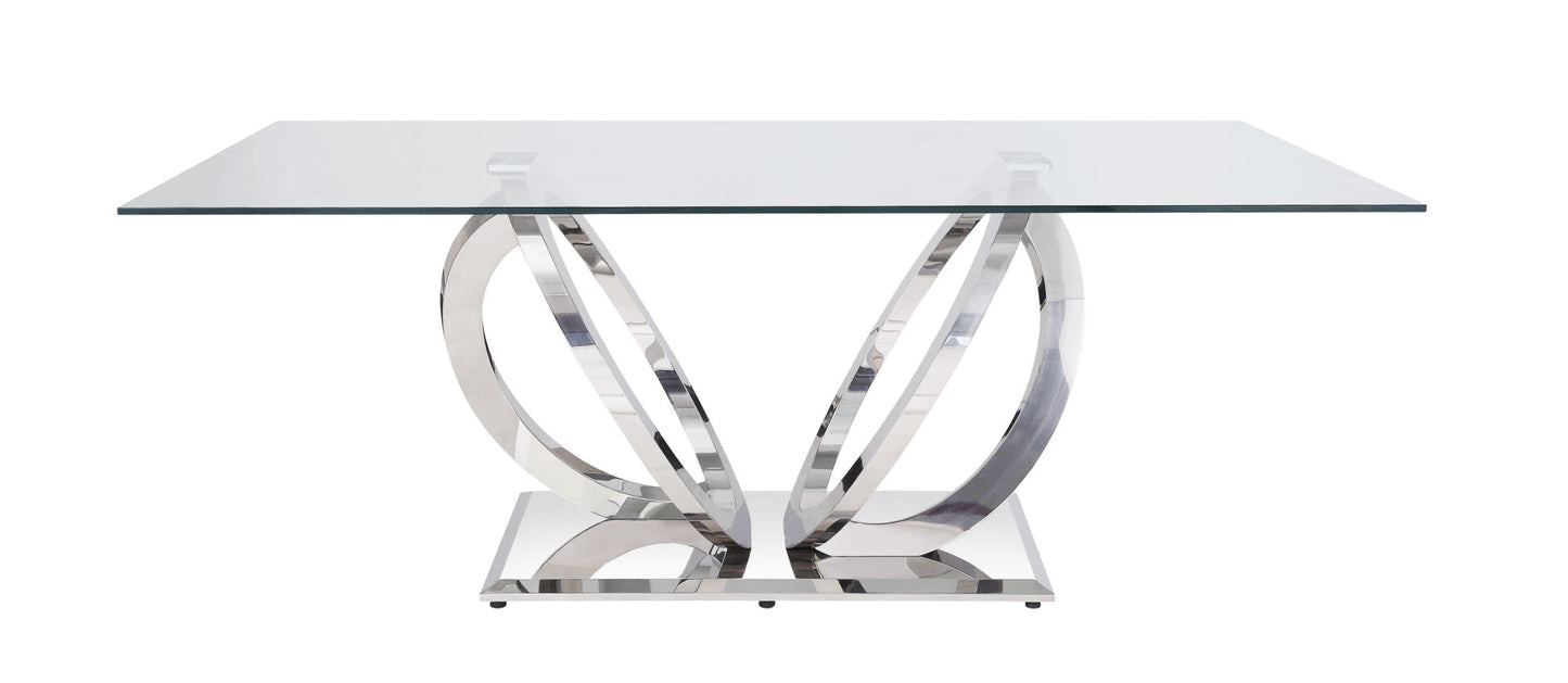 acme finley dining table, clear glass & mirrored silver finish