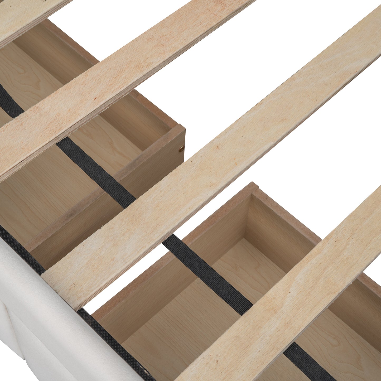 upholstered bed with drawers, beige