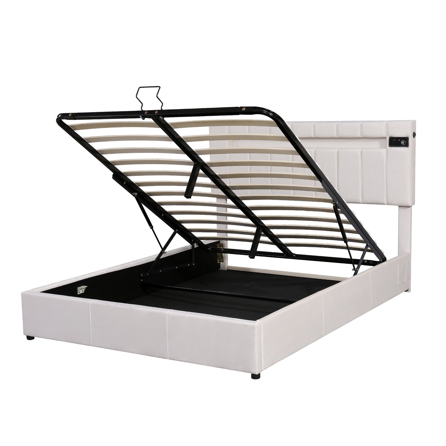 velvet upholstered hydraulic storage bed with led light, bluetooth player, and usb charging