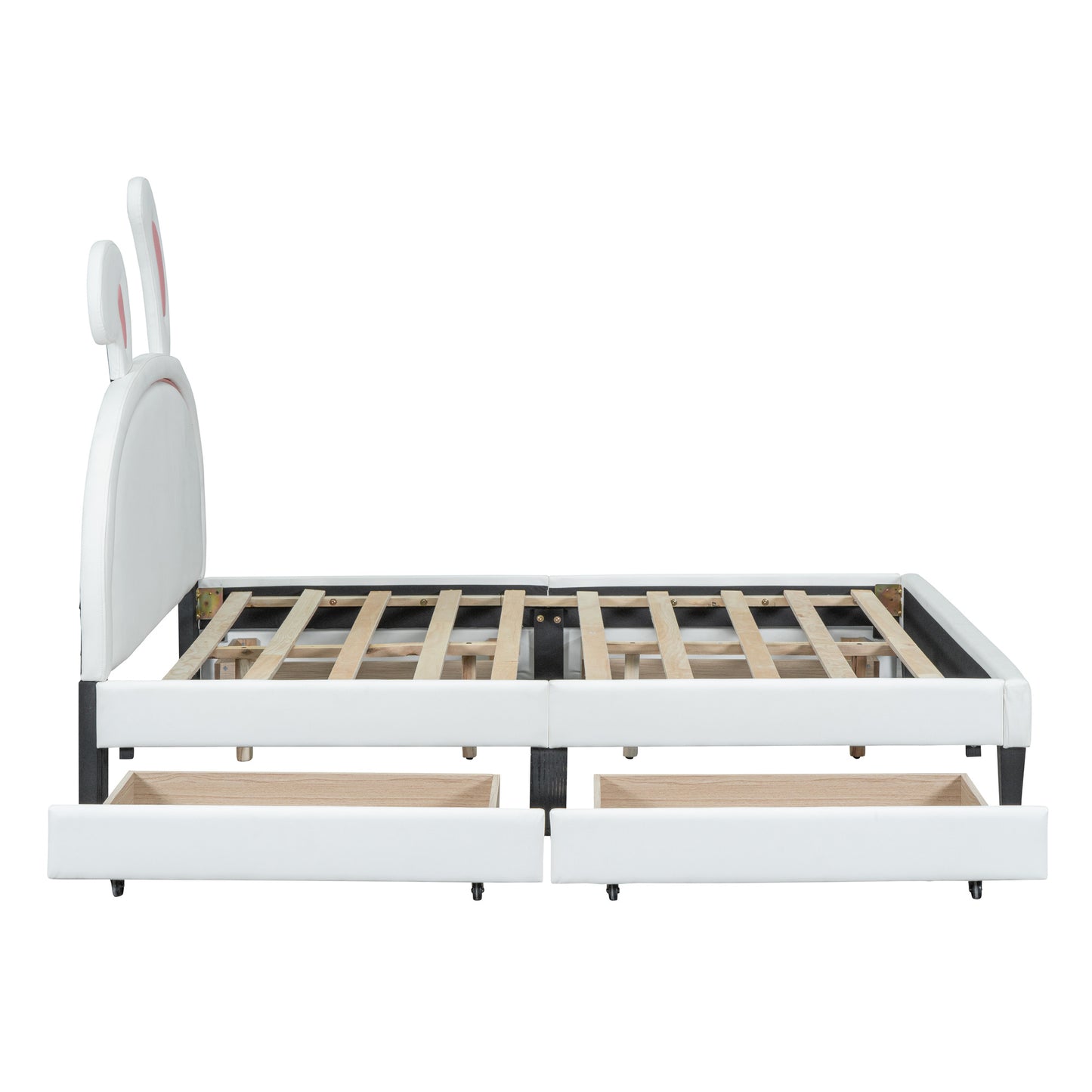 upholstered leather  bed with rabbit ornament and 4 drawers, white