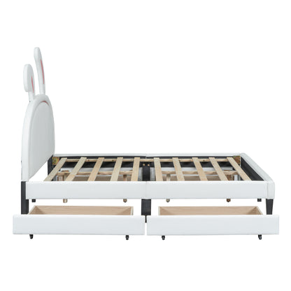 Upholstered Leather  Bed with Rabbit Ornament and 4 Drawers, White