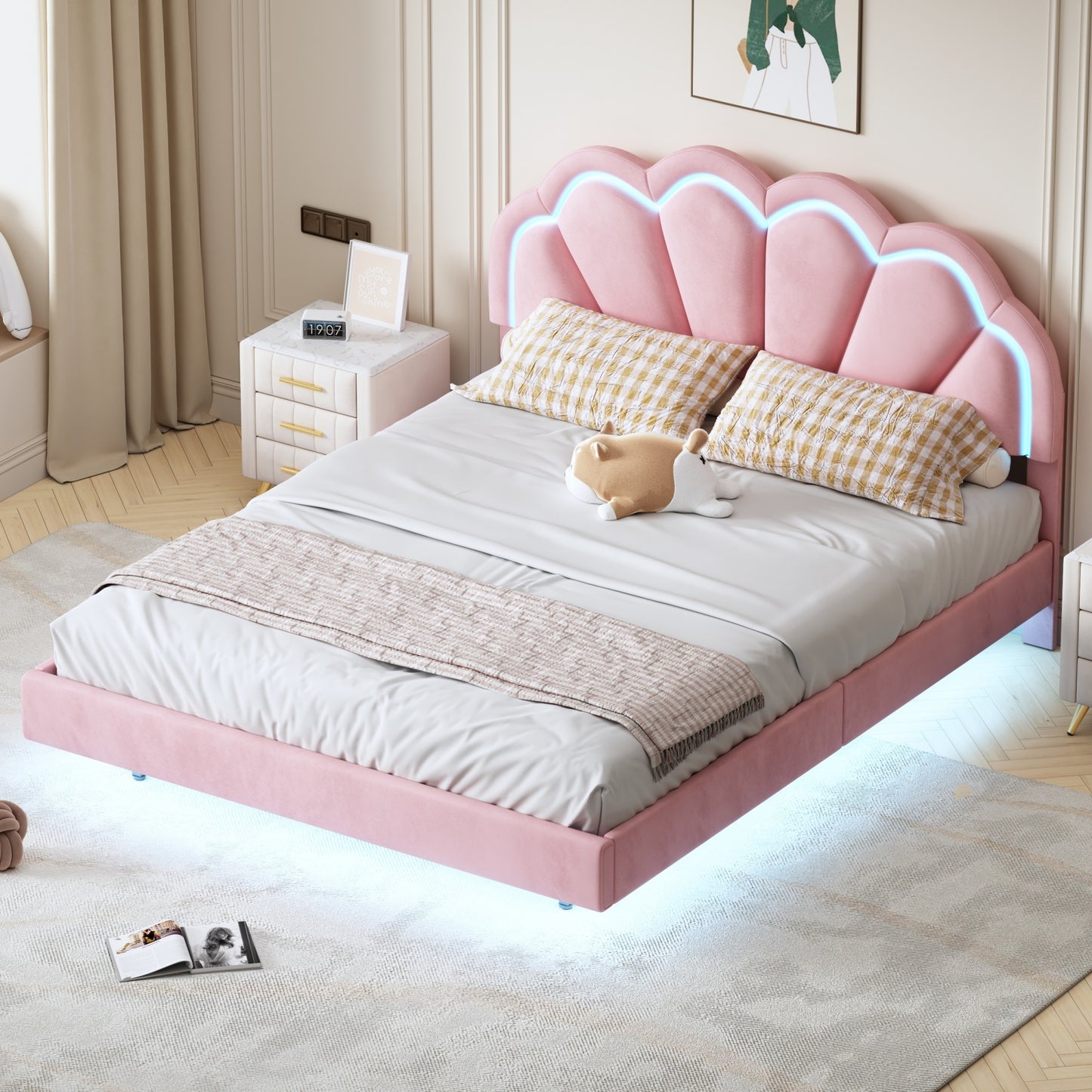 queen upholstered smart led bed frame with elegant flowers headboard,pink