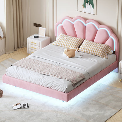 Queen Upholstered Smart LED Bed Frame with Elegant Flowers Headboard,Pink