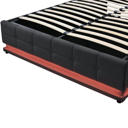 Tufted Upholstered Platform Bed with Hydraulic Storage System, LED Lights, and USB charger, Black