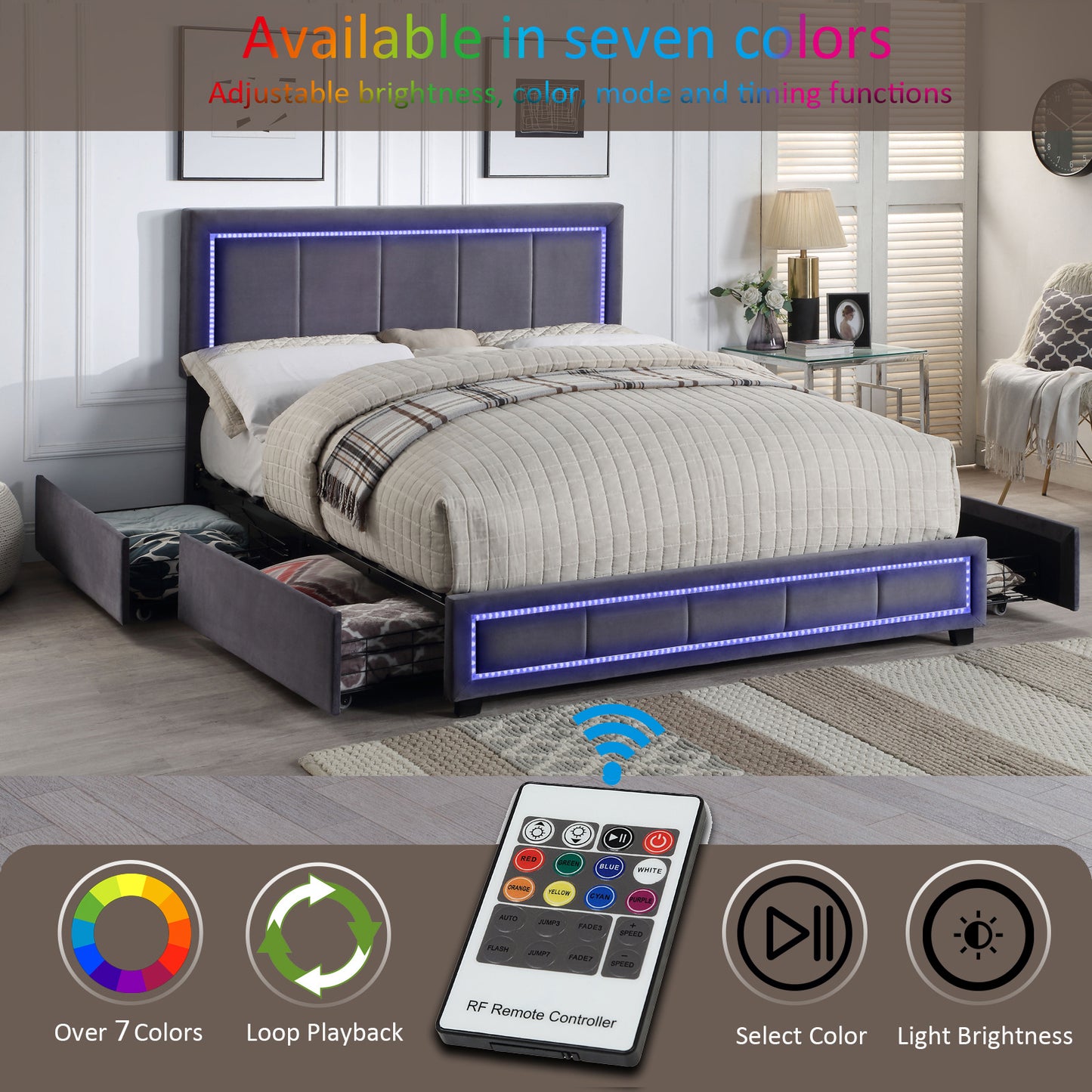 upholstered bed with led lights, 4 drawer storage, grey