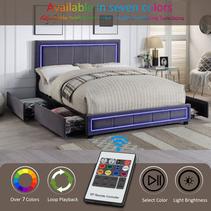 Upholstered Bed with LED Lights, 4 Drawer Storage, Grey